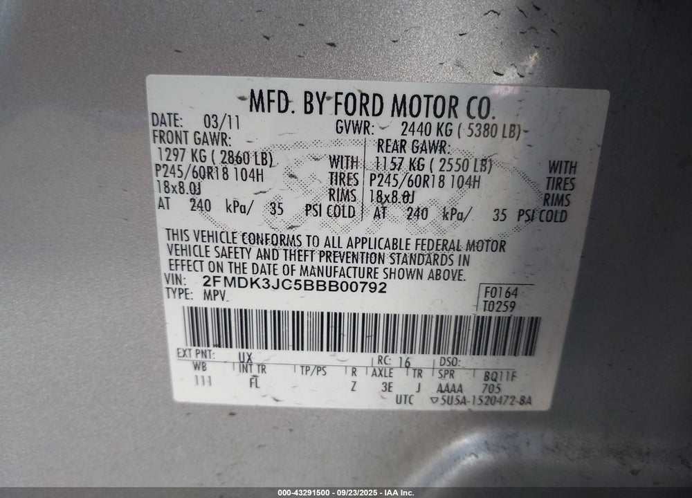 2011 FORD EDGE SEL VIN: 2FMDK3JC5BBB00792