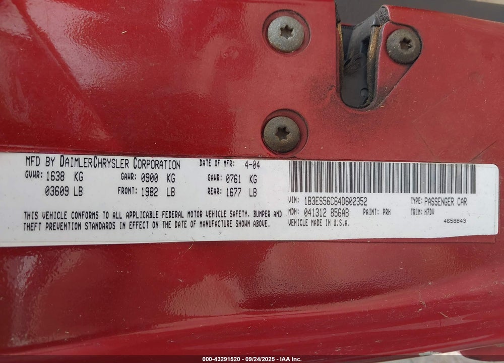 2004 DODGE NEON SXT VIN: 1B3ES56C64D602352
