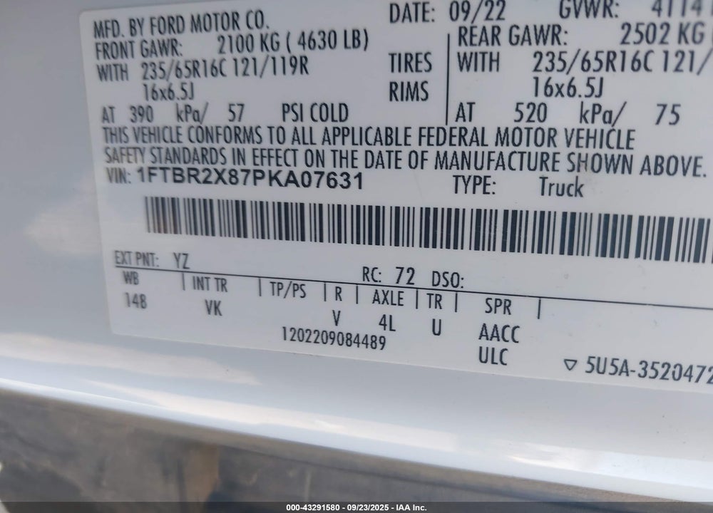 2023 FORD TRANSIT-250 VIN: 1FTBR2X87PKA07631