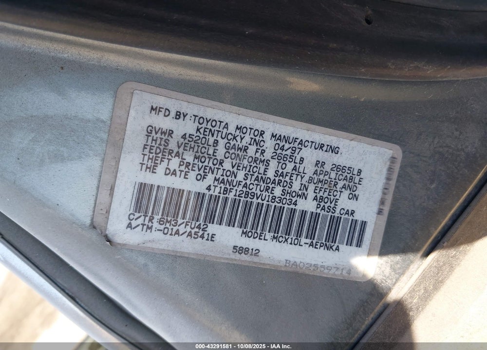 1997 TOYOTA AVALON XL VIN: 4T1BF12B9VU183034