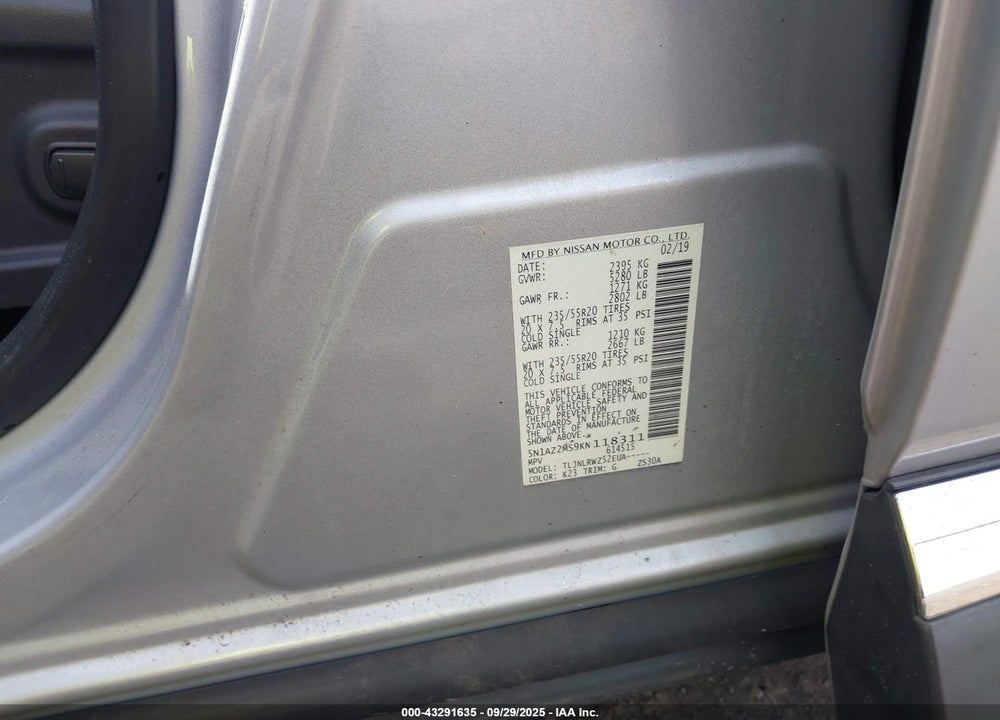 2019 NISSAN MURANO SL VIN: 5N1AZ2MS9KN118311
