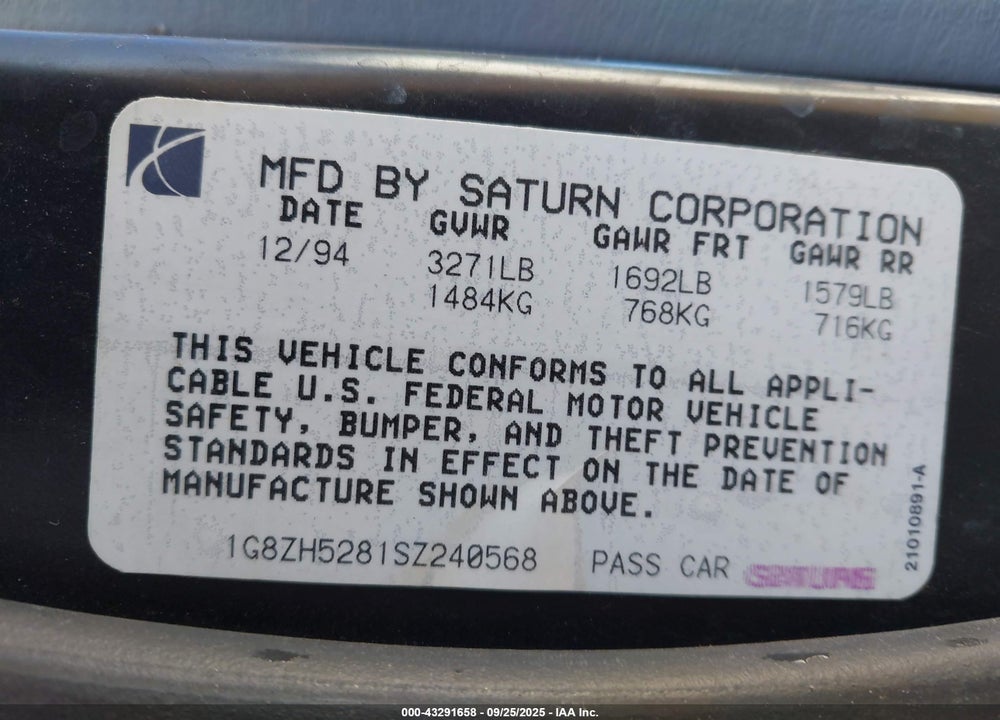 1995 SATURN SL1 VIN: 1G8ZH5281SZ240568