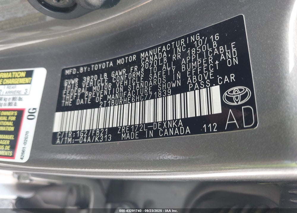 2017 TOYOTA COROLLA VIN: 2T1BURHE6HC771839