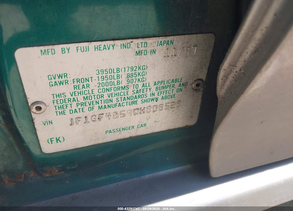 1998 SUBARU IMPREZA OUTBACK SPORT VIN: JF1GF4859WH808528