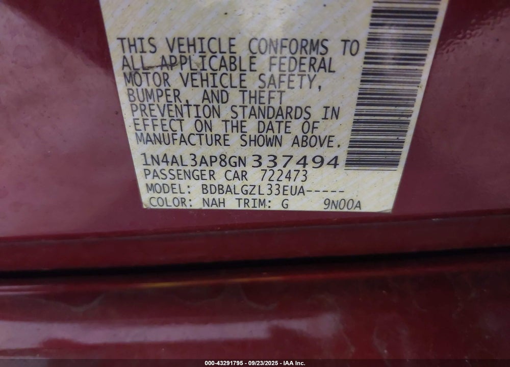 2016 NISSAN ALTIMA VIN: 1N4AL3AP8GN337494
