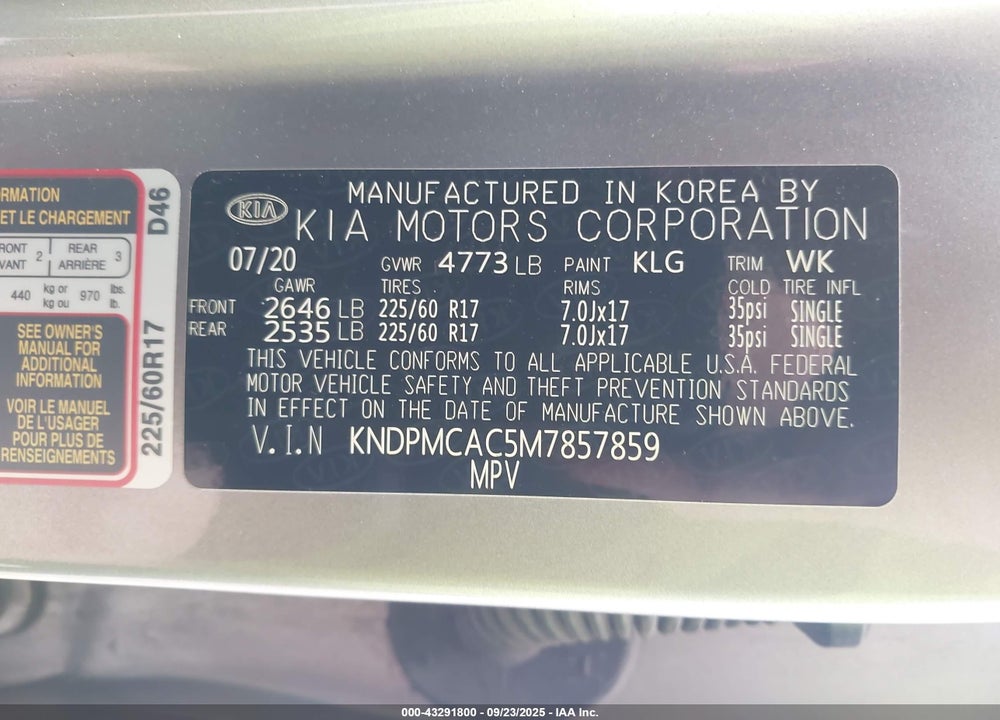 2021 KIA SPORTAGE VIN: KNDPMCAC5M7857859