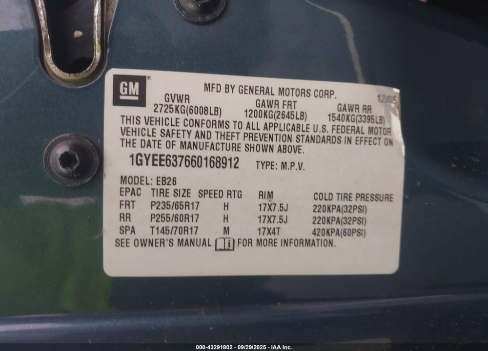 2006 CADILLAC SRX VIN: 1GYEE637660168912