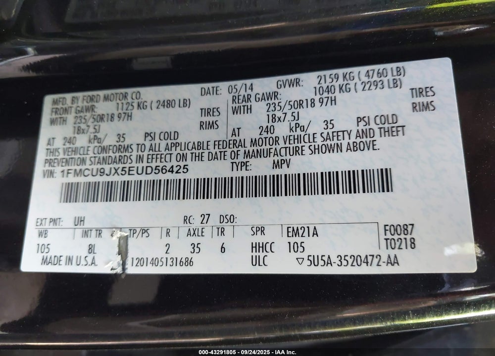 2014 FORD ESCAPE TITANIUM VIN: 1FMCU9JX5EUD56425