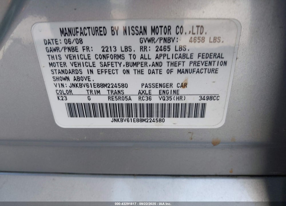 2008 INFINITI G35 JOURNEY VIN: JNKBV61E88M224580