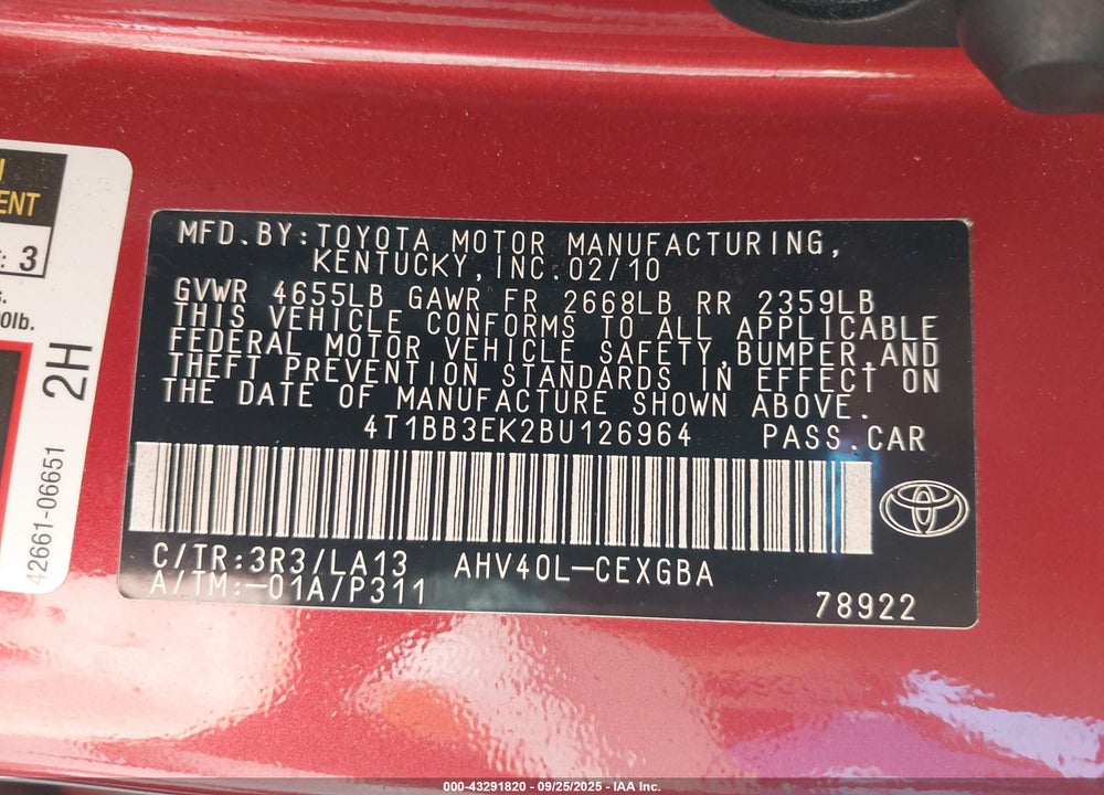 2011 TOYOTA CAMRY HYBRID VIN: 4T1BB3EK2BU126964