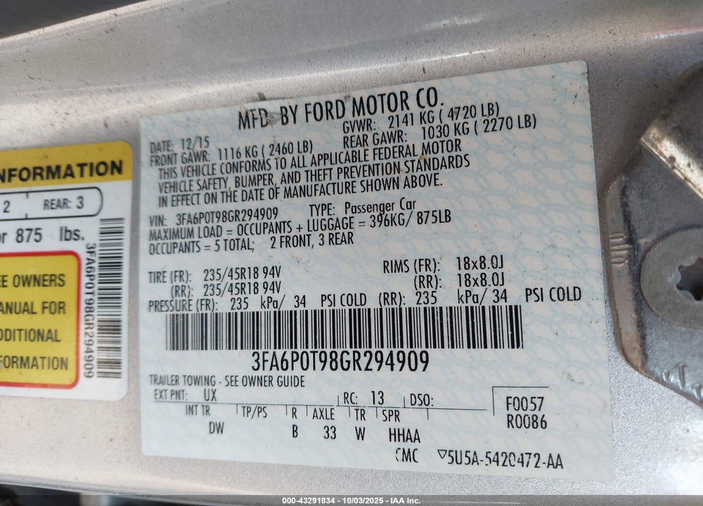 2016 FORD FUSION VIN: 3FA6P0T98GR294909