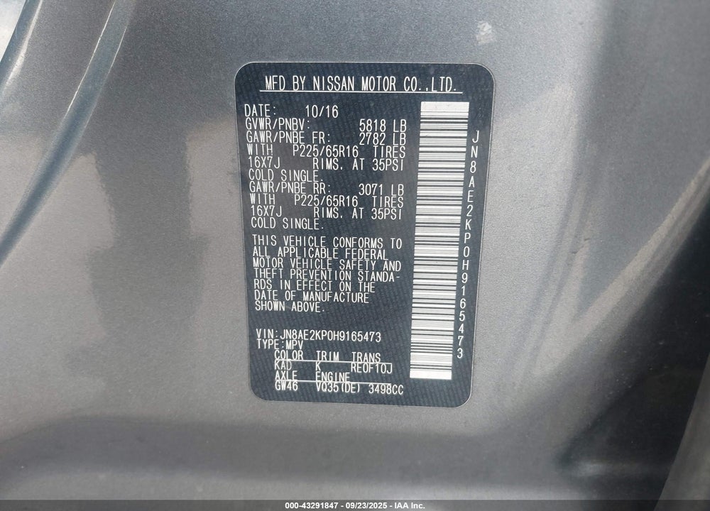 2017 NISSAN QUEST SV VIN: JN8AE2KP0H9165473