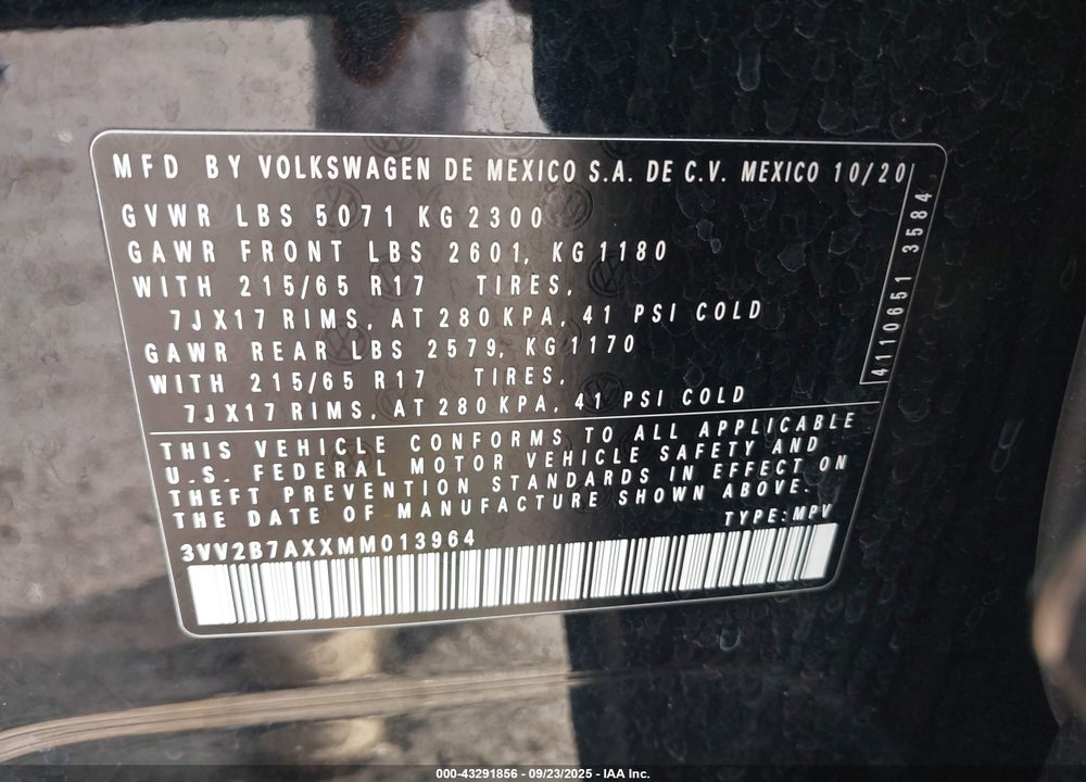 2021 VOLKSWAGEN TIGUAN 2.0T SE/2.0T SE R-LINE BLACK/2.0T SEL VIN: 3VV2B7AXXMM013964