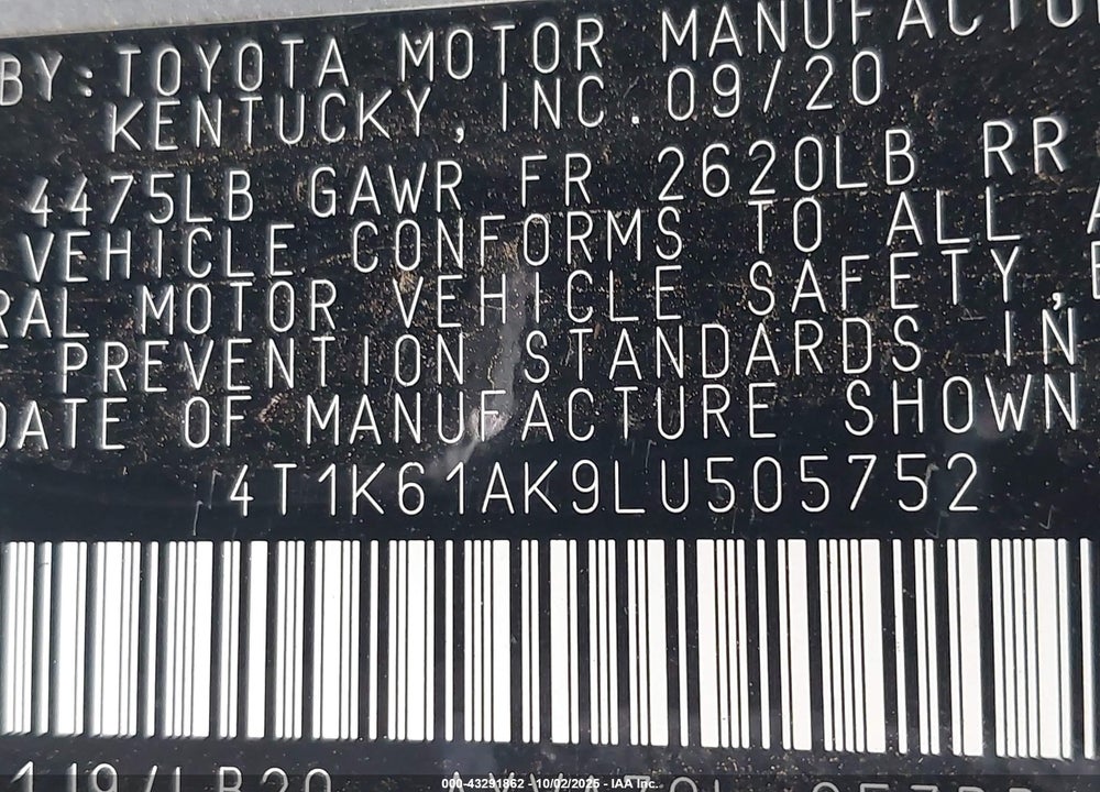 2020 TOYOTA CAMRY XSE VIN: 4T1K61AK9LU505752
