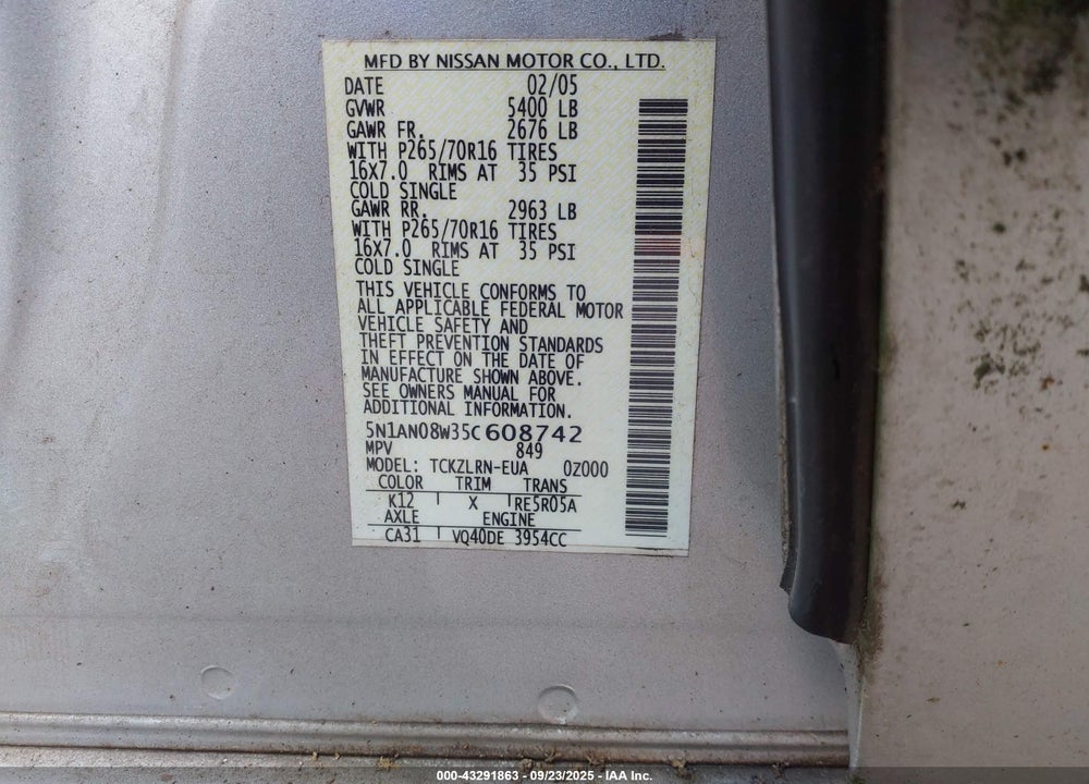 2005 NISSAN XTERRA S VIN: 5N1AN08W35C608742