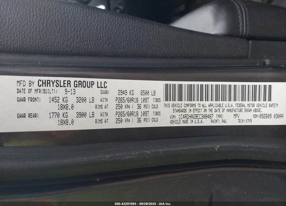 2014 DODGE DURANGO VIN: 1C4RDHAG9EC308487