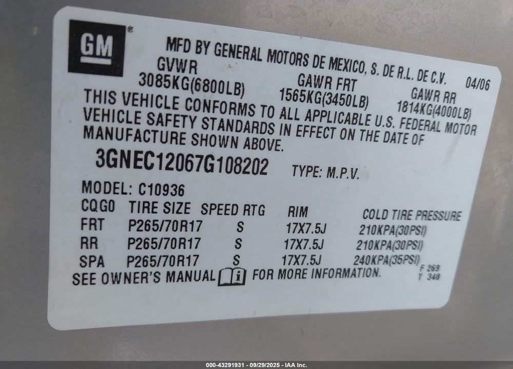 2007 CHEVROLET AVALANCHE 1500 LT VIN: 3GNEC12067G108202