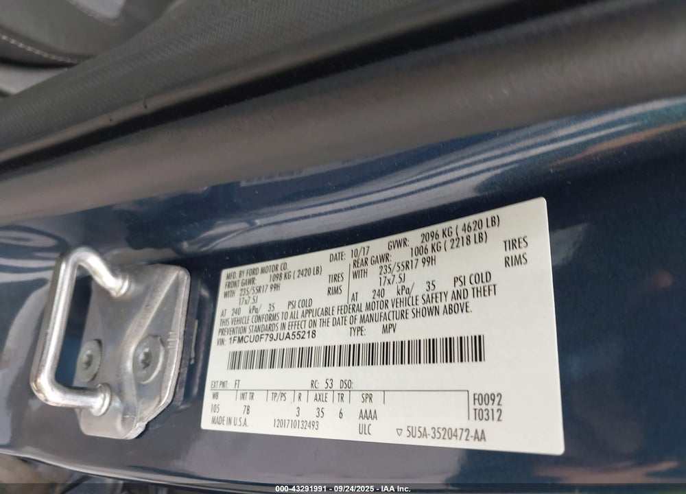 2018 FORD ESCAPE VIN: 1FMCU0F79JUA55218