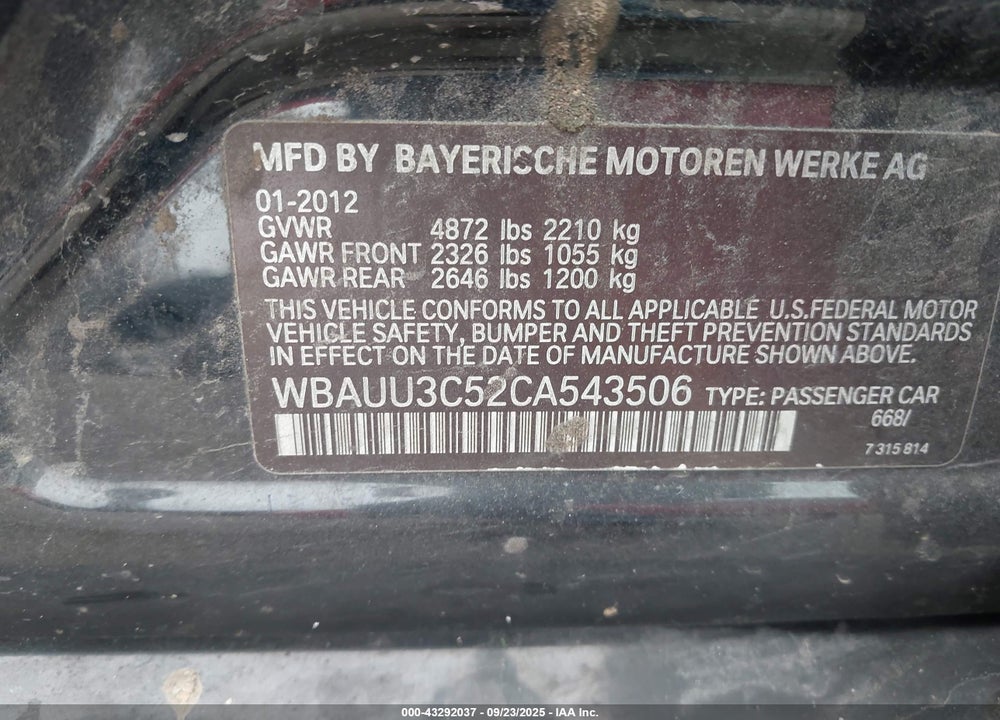 2012 BMW 328I XDRIVE VIN: WBAUU3C52CA543506