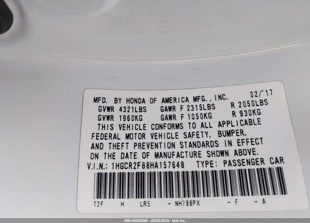 2017 HONDA ACCORD EX-L VIN: 1HGCR2F88HA157648
