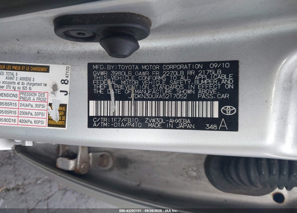 2010 TOYOTA PRIUS VIN: JTDKN3DUXA5217052