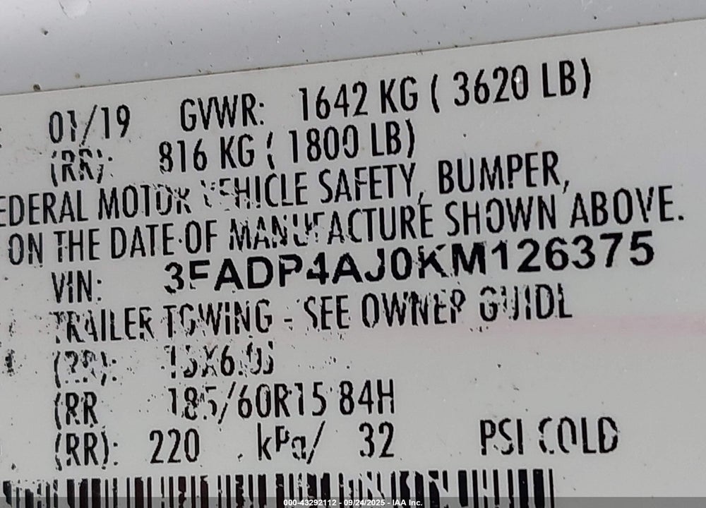 2019 FORD FIESTA VIN: 3FADP4AJ0KM126375