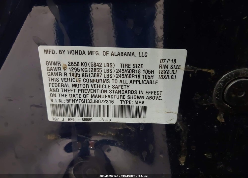 2018 HONDA PILOT EX VIN: 5FNYF6H33JB072316