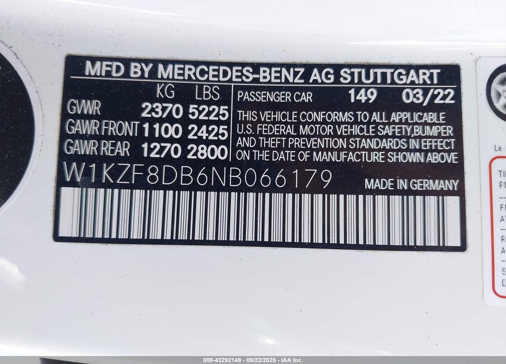 2022 MERCEDES-BENZ E 350 VIN: W1KZF8DB6NB066179
