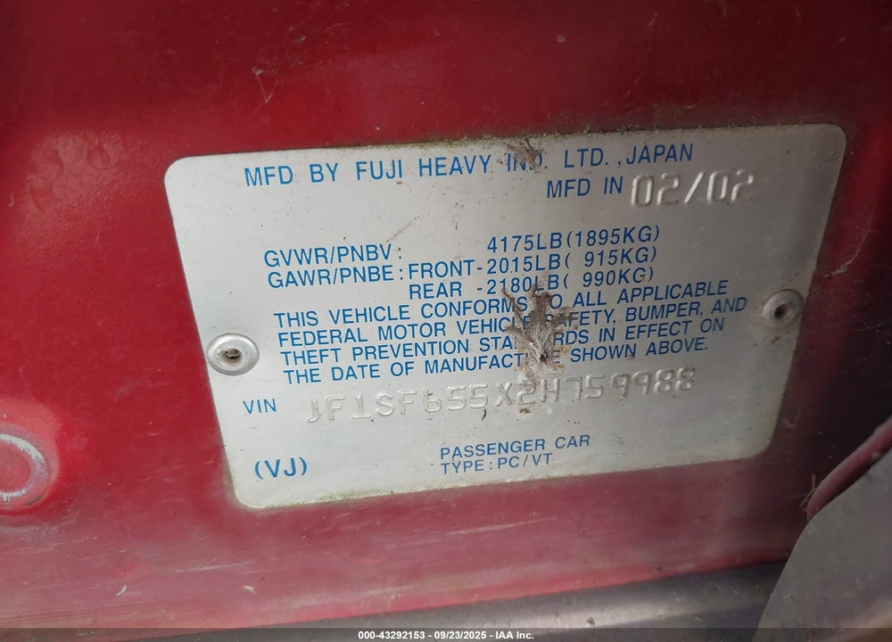 2002 SUBARU FORESTER S VIN: JF1SF655X2H759988