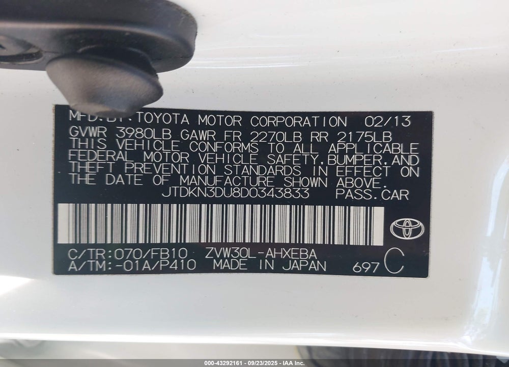 2013 TOYOTA PRIUS VIN: JTDKN3DU8D0343833