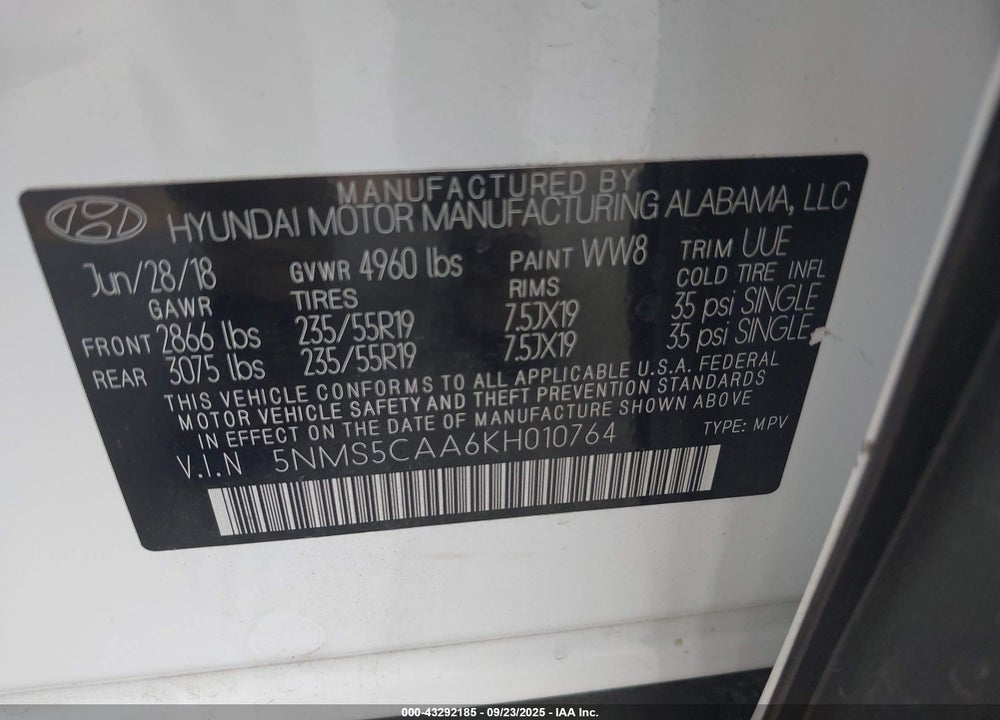 2019 HYUNDAI SANTA FE LIMITED 2.0T VIN: 5NMS5CAA6KH010764