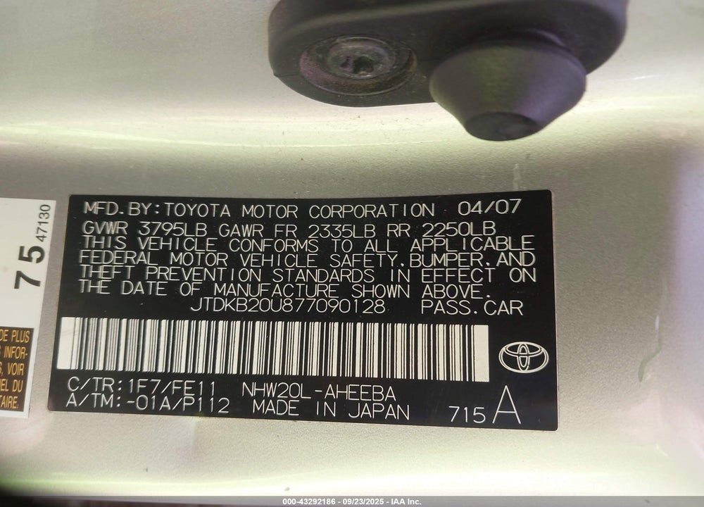 2007 TOYOTA PRIUS VIN: JTDKB20U877090128