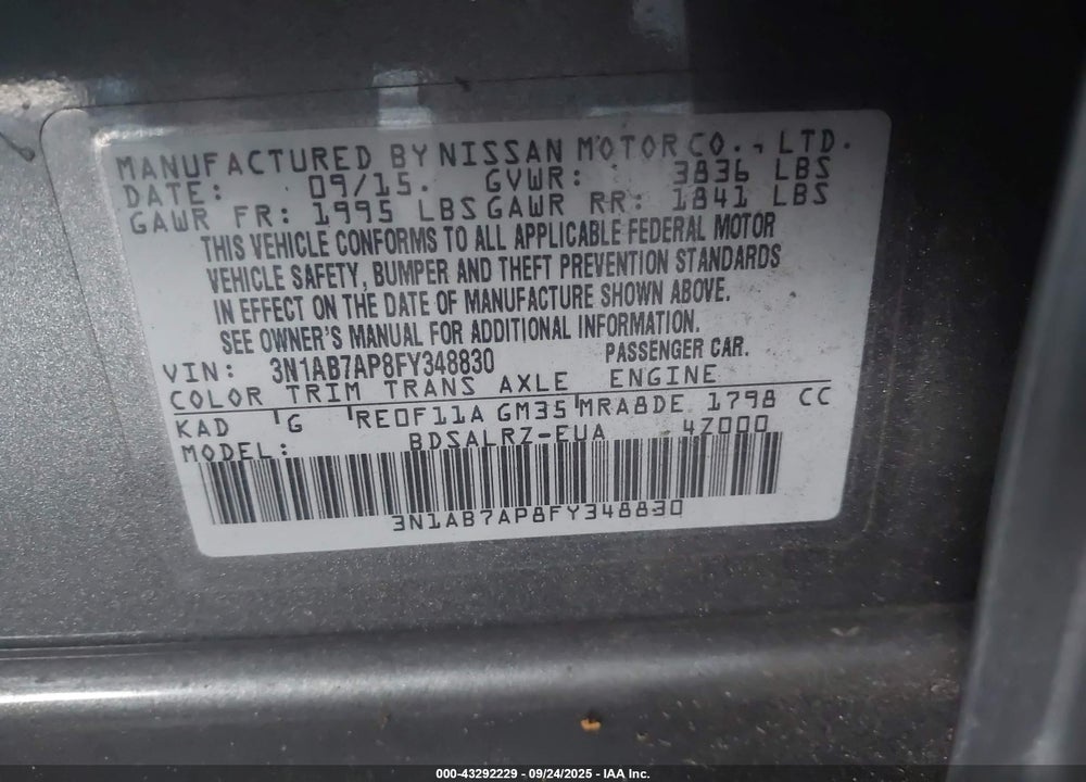 2015 NISSAN SENTRA SR VIN: 3N1AB7AP8FY348830