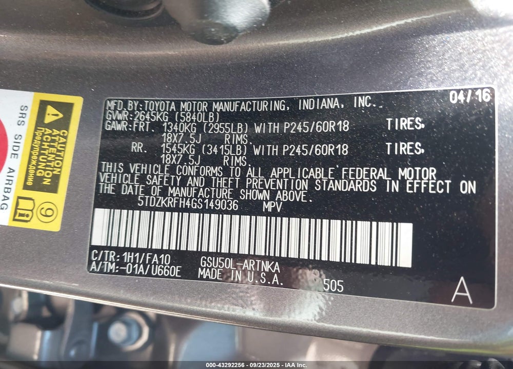 2016 TOYOTA HIGHLANDER VIN: 5TDZKRFH4GS149036
