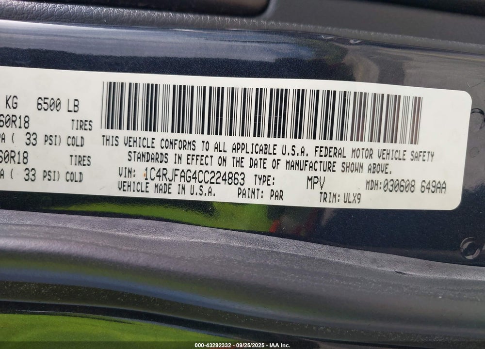2012 JEEP GRAND CHEROKEE VIN: 1C4RJFAG4CC224863