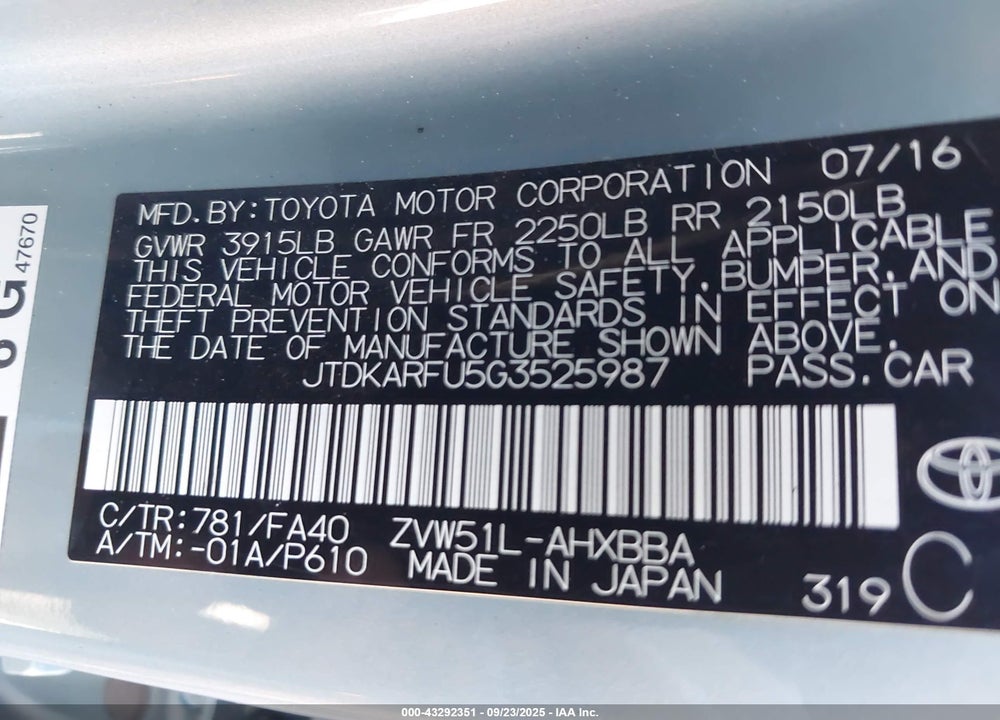 2016 TOYOTA PRIUS VIN: JTDKARFU5G3525987