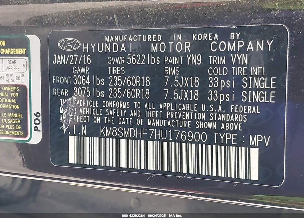 2017 HYUNDAI SANTA FE SE VIN: KM8SMDHF7HU176900
