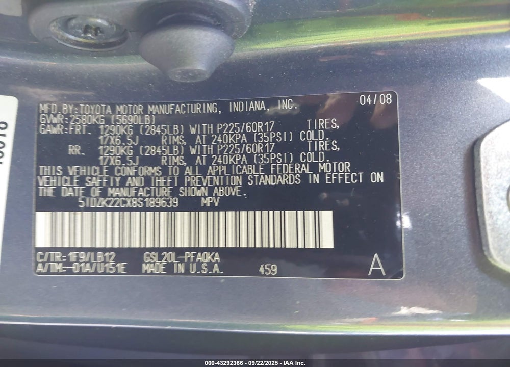 2008 TOYOTA SIENNA LIMITED VIN: 5TDZK22CX8S189639