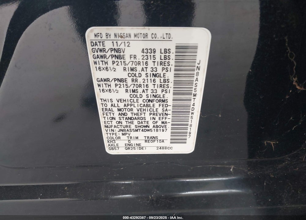 2013 NISSAN ROGUE VIN: JN8AS5MT4DW518197