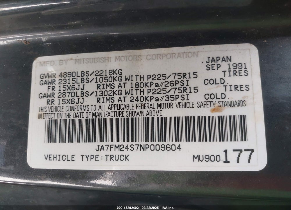 1992 MITSUBISHI MIGHTY MAX / S VIN: JA7FM24S7NP009604