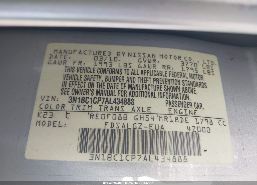 2010 NISSAN VERSA VIN: 3N1BC1CP7AL434888
