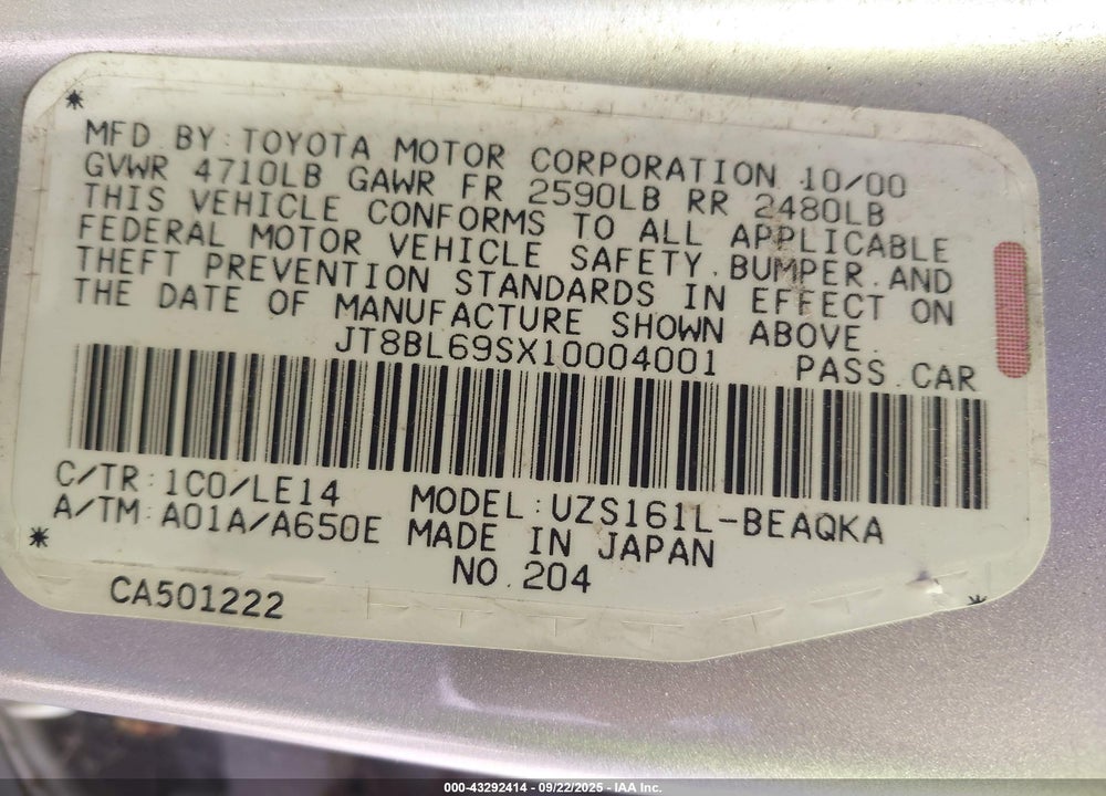 2001 LEXUS GS 430 VIN: JT8BL69SX10004001