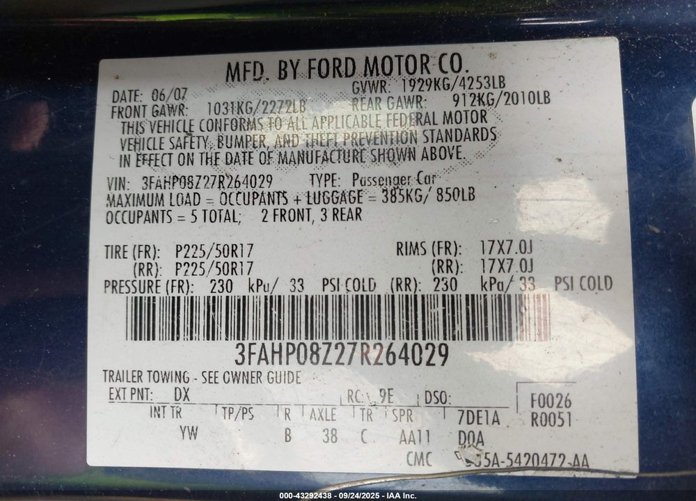 2007 FORD FUSION SEL VIN: 3FAHP08Z27R264029