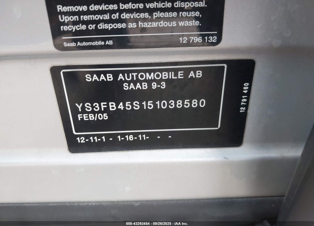 2005 SAAB 9-3 LINEAR VIN: YS3FB45S151038580