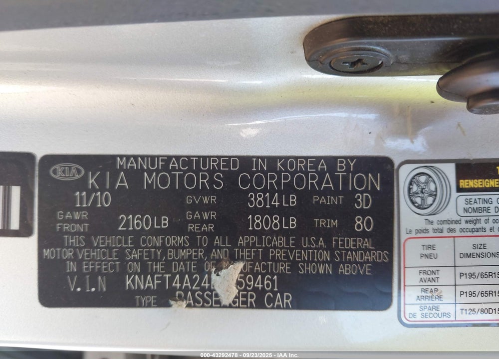 2011 KIA FORTE VIN: KNAFT4A24B5359461