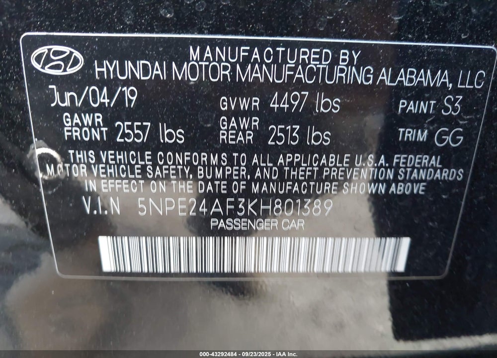 2019 HYUNDAI SONATA VIN: 5NPE24AF3KH801389