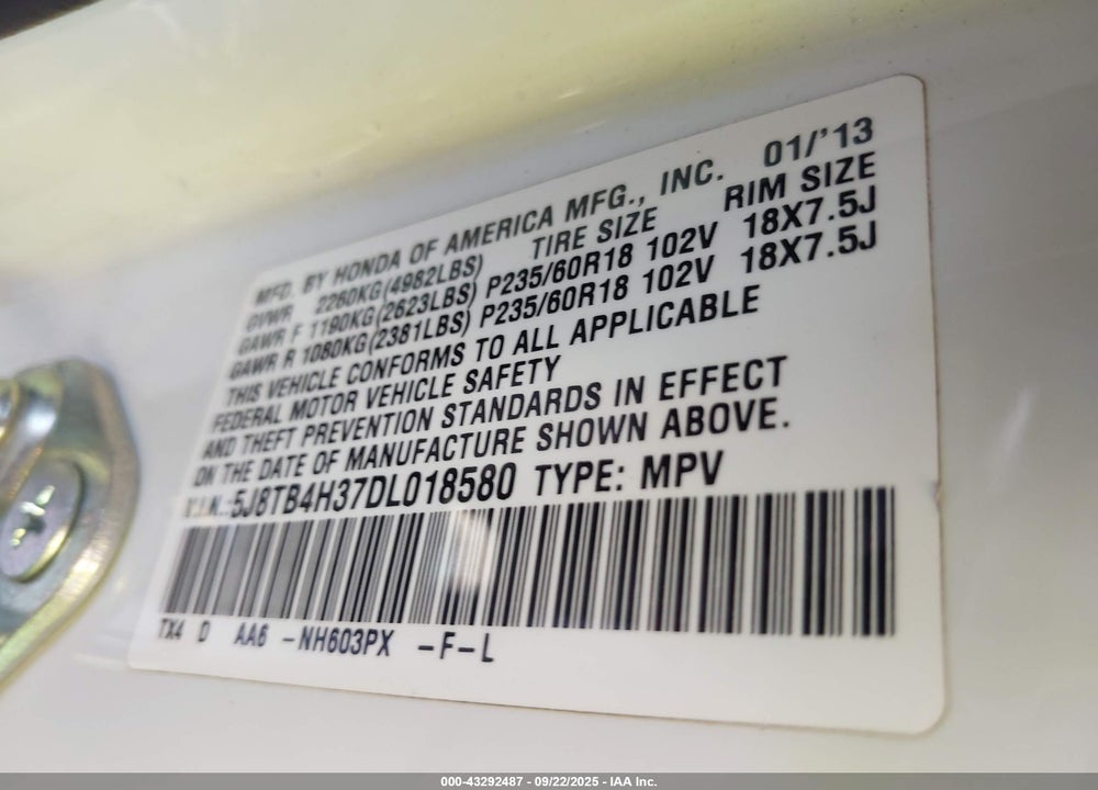 2013 ACURA RDX VIN: 5J8TB4H37DL018580