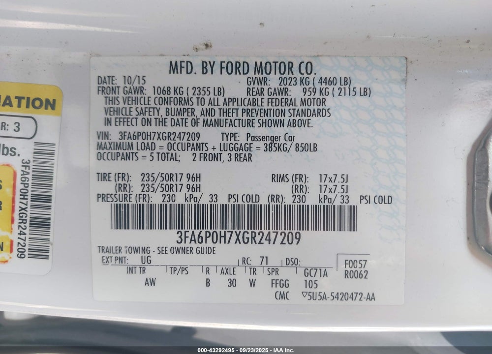 2016 FORD FUSION SE VIN: 3FA6P0H7XGR247209