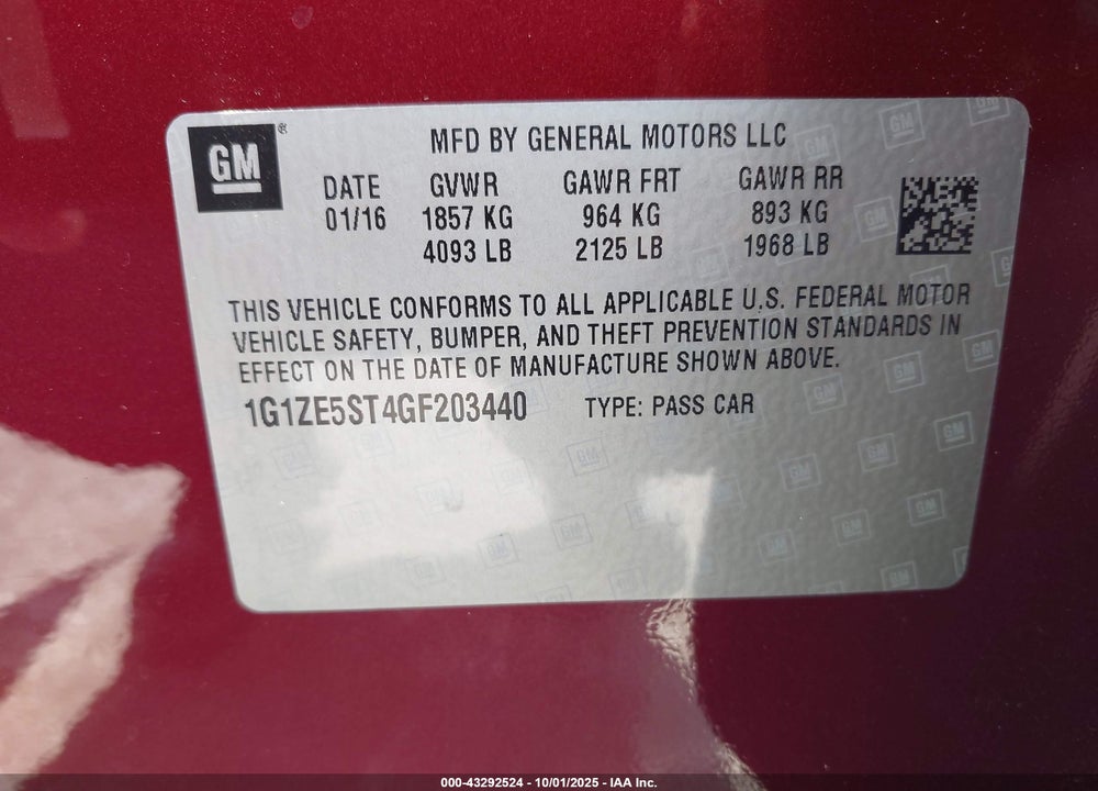 2016 CHEVROLET MALIBU VIN: 1G1ZE5ST4GF203440