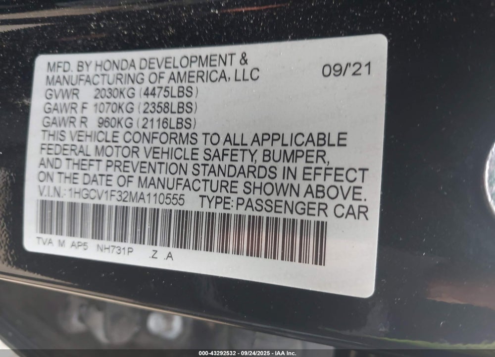 2021 HONDA ACCORD VIN: 1HGCV1F32MA110555